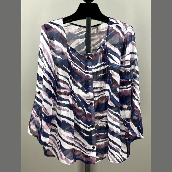 NEW Chicos Shirt Womens Large blue purple sheer button up blouse casual classic - Picture 1 of 10
